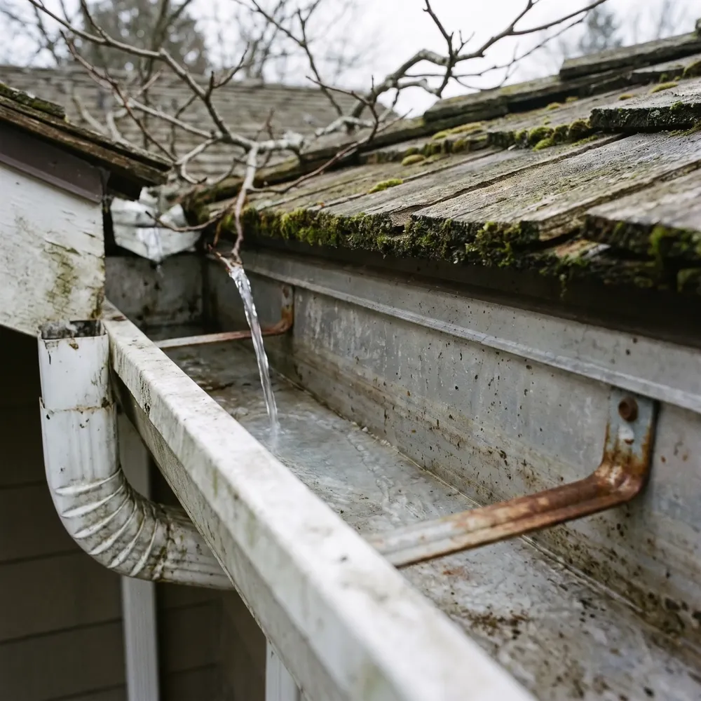 After: the same gutter cleared, with water running freely to the downspout