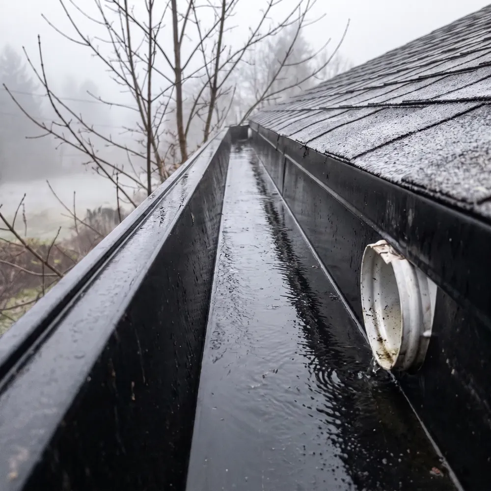 After: the same black gutter empty and draining into the downspout
