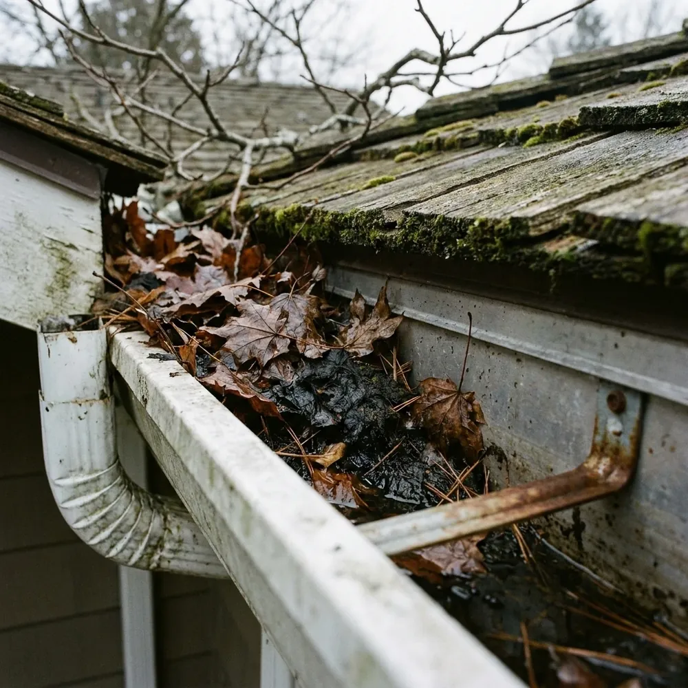 Before: a gutter packed with wet maple leaves and needles under a mossy cedar shake roof