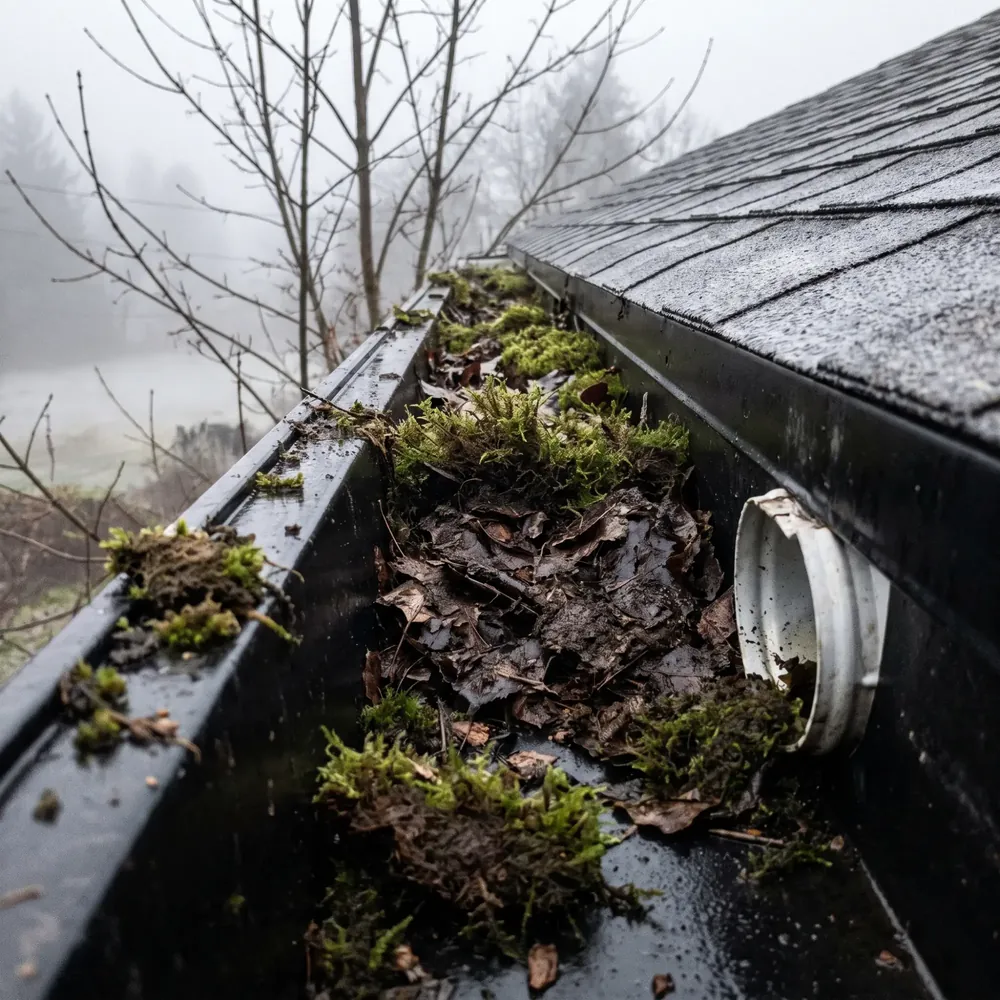 Before: a black gutter full of moss and rotted leaves blocking the downspout outlet
