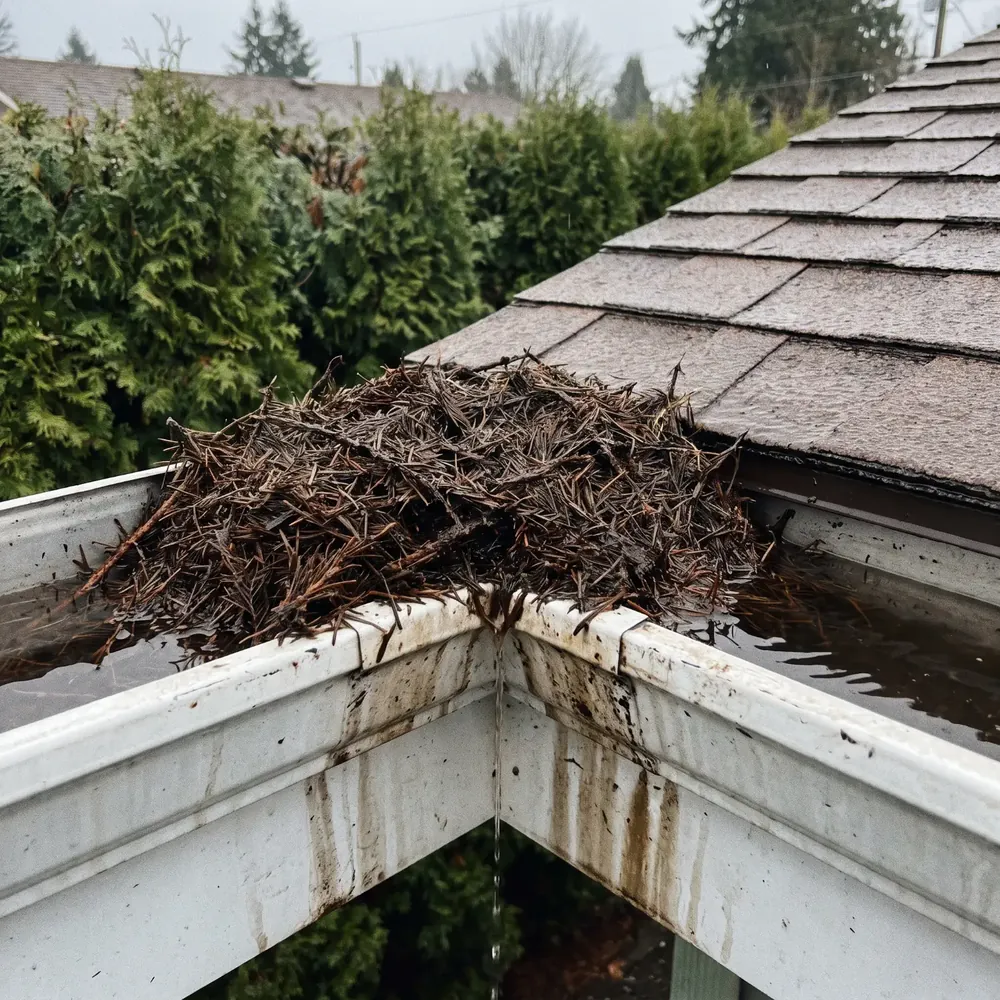Before: a gutter corner heaped with fir needles and overflowing beside a cedar hedge