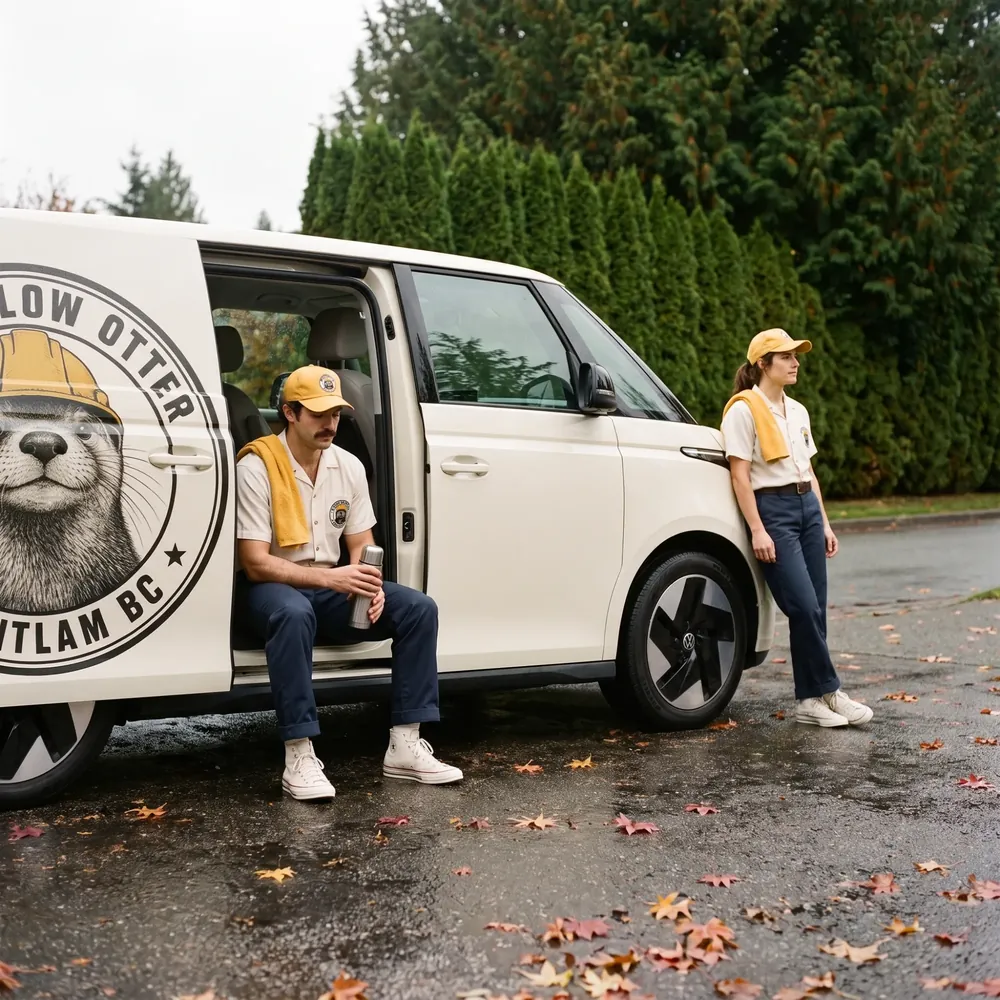 Two crew members taking a break at the open door of the Yellow Otter van on a wet street lined with cedar hedges