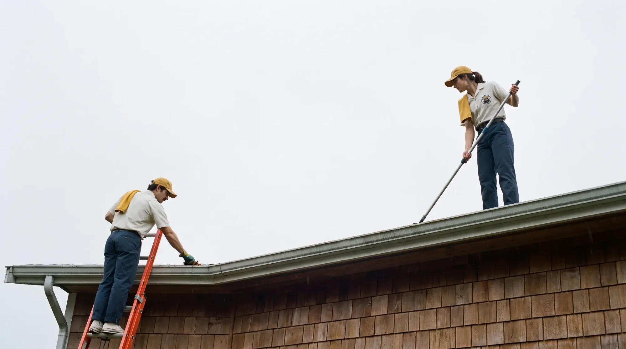 Two Yellow Otter crew members cleaning the gutters of a cedar shingle house in Coquitlam under an overcast sky, one on a ladder and one on the roof