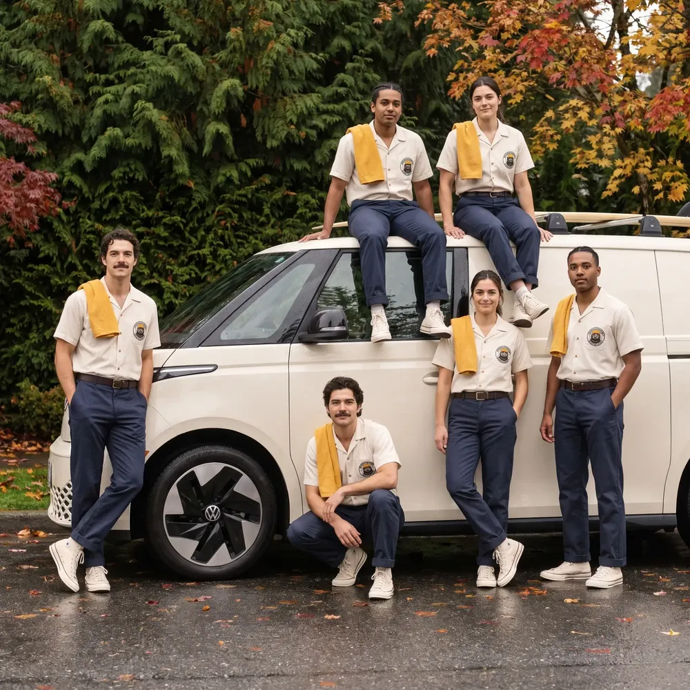 The Yellow Otter crew in cream work shirts and navy chinos beside the cream company van