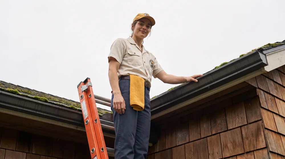 A Yellow Otter technician on a ladder beside a gutter with an amber towel at her hip