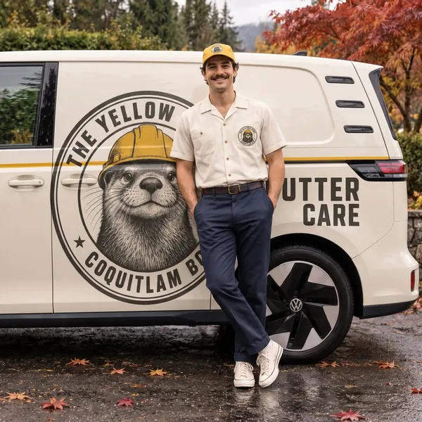 A Yellow Otter crew member in a cream shirt and amber cap leaning on the company van