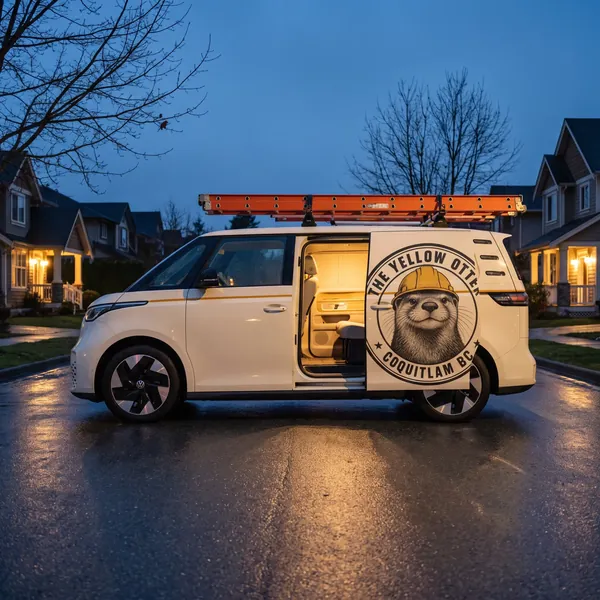 The Yellow Otter van with a ladder on the roof on a residential street at dusk