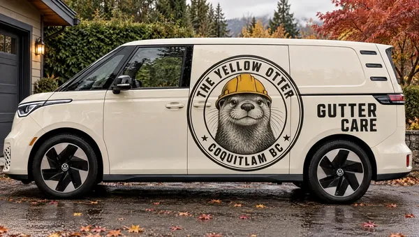 Side view of the cream van showing the otter badge and the words gutter care